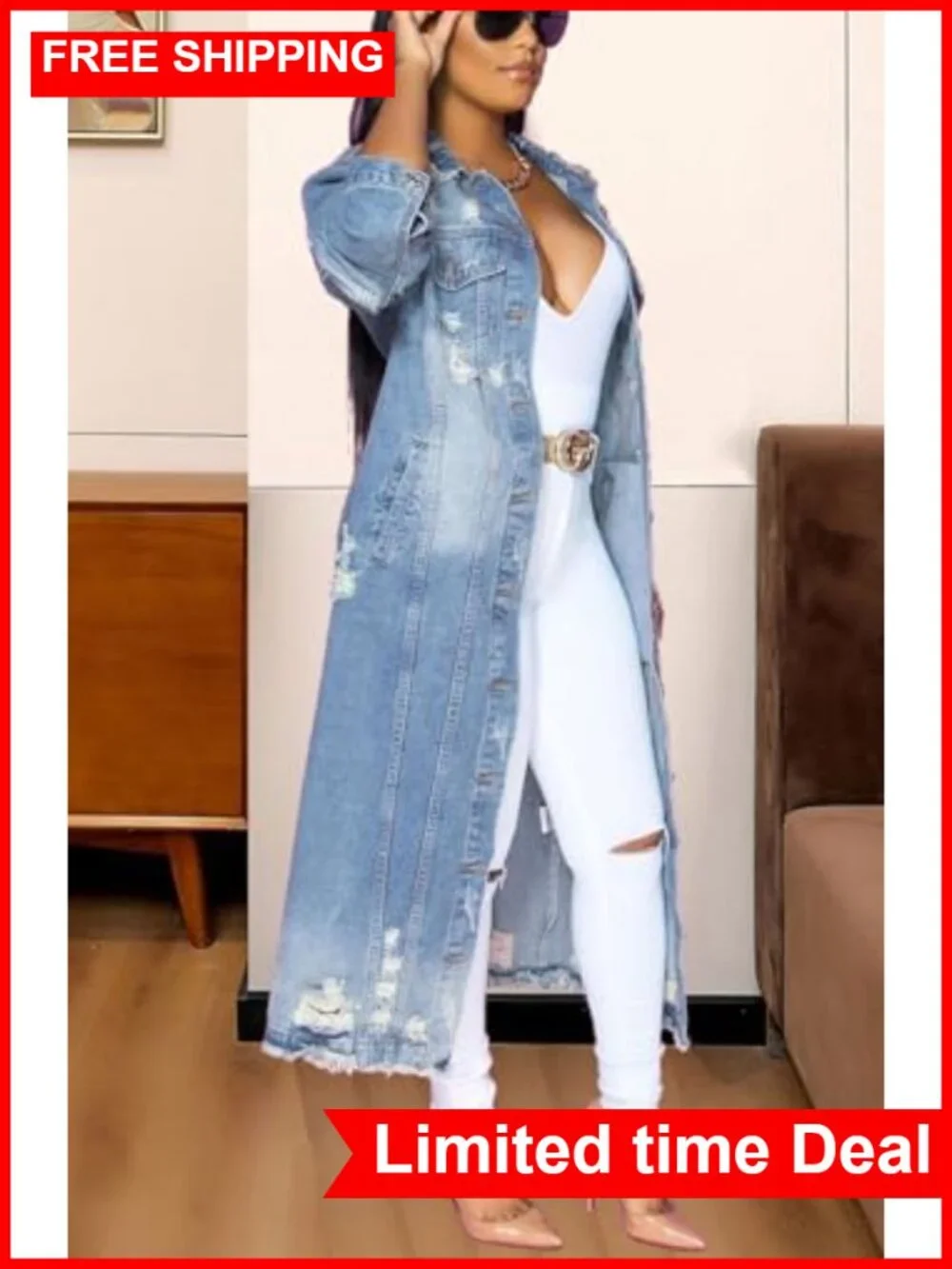 Ripped Holes Maxi Long Denim Jacket Trench Coat Button Front Frayed Hem